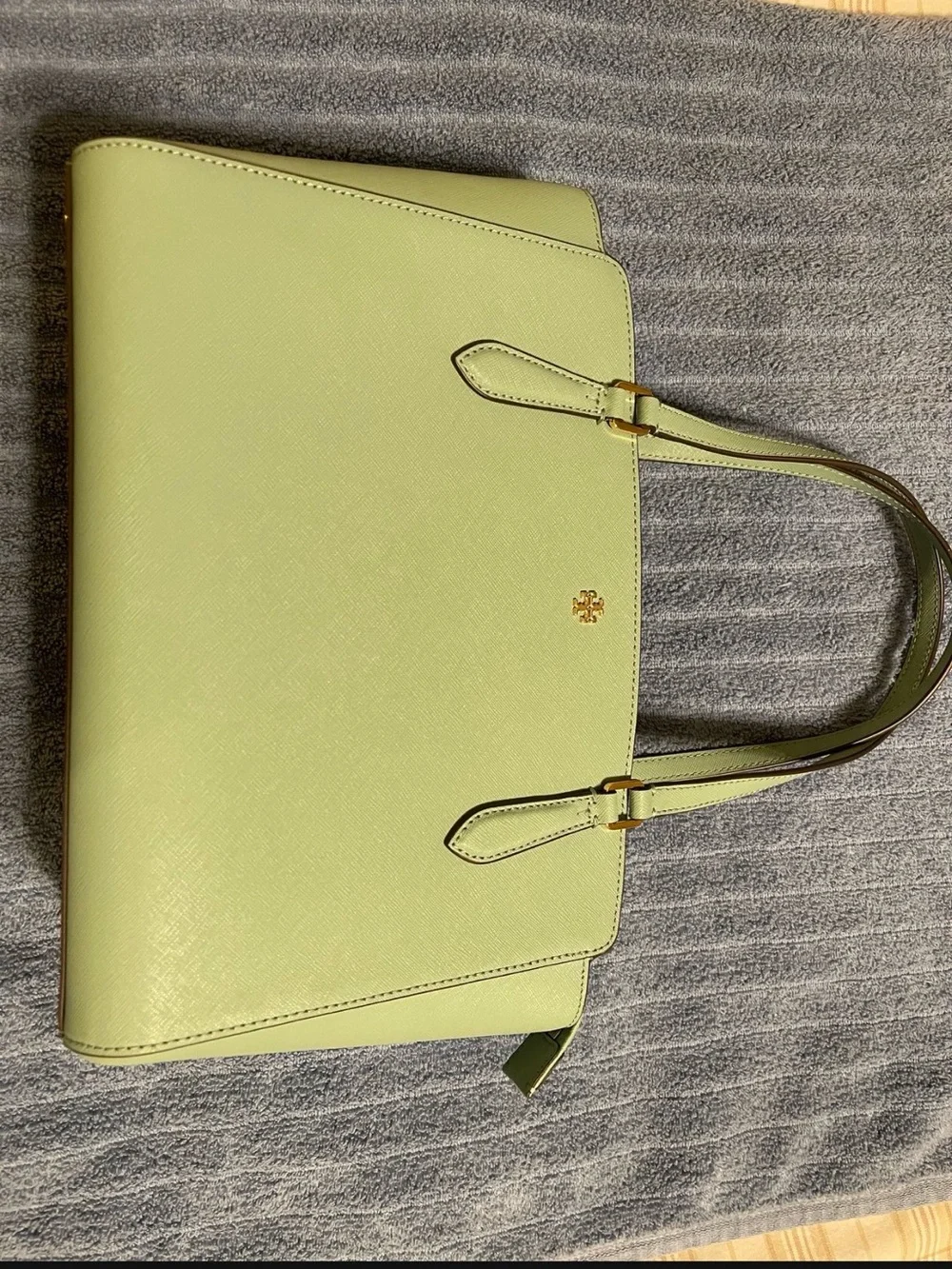 Tory Burch Olive Saffiano Leather Tote with Gold Hardware